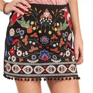 Umgee Embroidered Mini Skirt with Pom Pom Fringe Womens Size Large